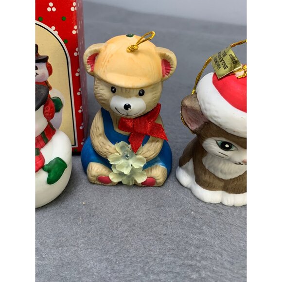 Vintage Russ Jasco Christmas Hanging Bell Ornaments 90s Snowman Bear Cat & Girl - Picture 6 of 16